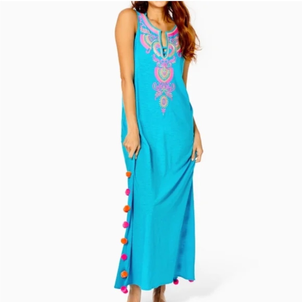 NWT new Lilly Pulitzer maxi dress coverup bohemian Pom Pom XS blue oasis Nolia